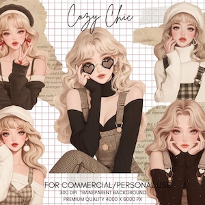 Bundle de cliparts chic et cosy - Fashion Girl, Agenda Girl, Pull Girl, Cosy Clipart, Digital Girl Illustration, Scrapbooking, Tenir un journal, Sticker