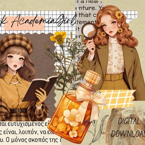 Dark Academia herfst clipartbundel - groen en geel, herfst meisje mode clipart voor junk Journal, kaarten maken, scrapbooking, commercieel gebruik
