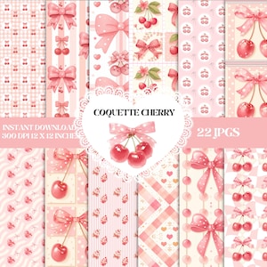 May include: Digital paper pack featuring a pink cherry theme. Designs include cherries, bows, and patterns. The image includes the text "COQUETTE CHERRY" and "22 JPGS". The papers are 30.48 x 30.48 cm and 300 DPI.
