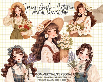 May include: Digital illustration of four girls with long brown hair wearing floral dresses and holding bouquets of flowers. The text "Spring Girls - Cottageco" and "DIGITAL DOWNLOAD" is at the top of the image. The text "FOR COMMERCIAL/PERSONAL USE", "300 DPI TRANSPARENT BACKGROUND", and "PREMIUM QUALITY 4000 X 4000 PX" is at the bottom of the image.