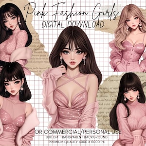 Bundle de clipart filles mode rose - Clipart mode, robe noire, téléchargement numérique, usage commercial, journal, scrapbooking, illustration de mode