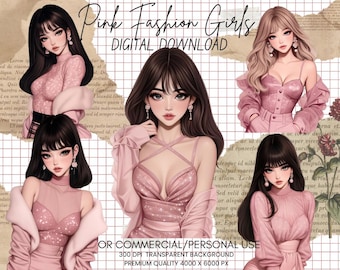 Pink Fashion Girls Clipart Bundle: Commercial Use Graphics (Digital Download