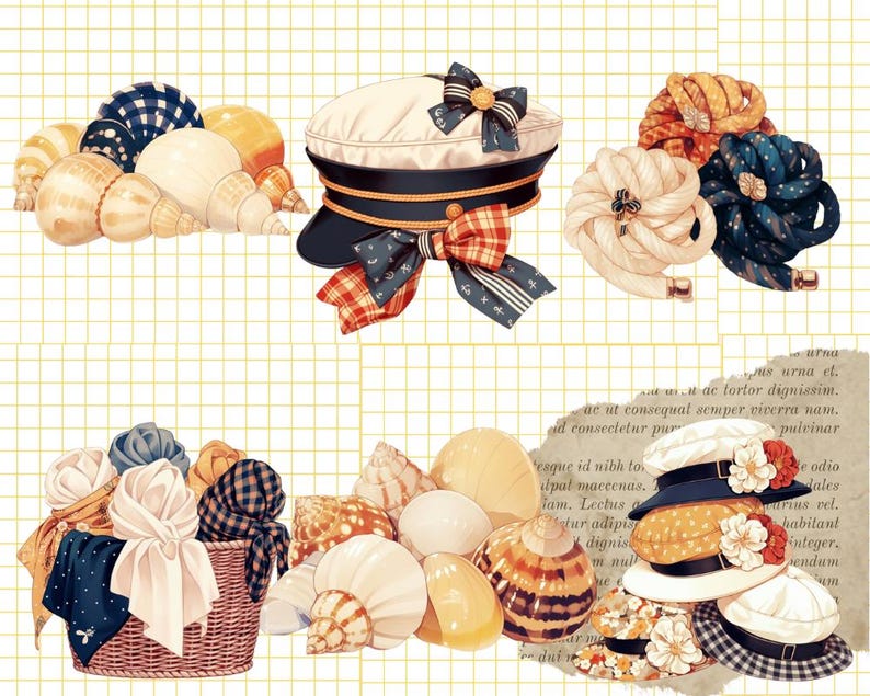 Pu&ograve; includere: Una collezione di conchiglie di varie forme e dimensioni, alcune di colore bianco, crema o giallo, e altre con un motivo a scacchi blu e bianco. Ci sono anche tre cappelli da marinaio con strisce blu e bianche, fiocchi rossi e bianchi e accenti di corda bianca.