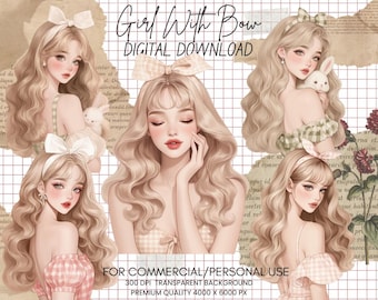 Girl with Bow Clipart Bundle: Spring Planner Stickers (PNG Digital Download