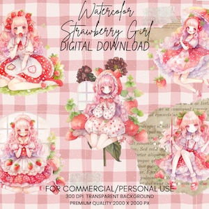 Acuarela Strawberry Girls Bundle Clipart - Summer Girls Png, Ai generado Png, Imágenes Prediseñadas, Diario, Scrapbooking, Planificador Digital, Uso Comercial