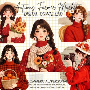 Herbst Farmer Markt Clipart Bundle - Herbst Mädchen PNG, Herbst Mode Clipart für Junk Journal, Herbst Mädchen Mode, Scrapbooking, kommerzielle Nutzung