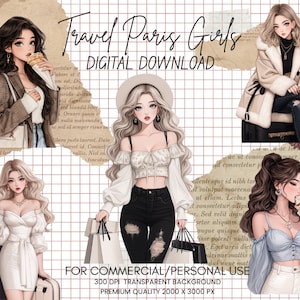 Travel Paris Girls PNG-bundel - Travel Paris Png, Ai Generated Png, Lady Boss Clipart, Journal, Scrapbooking, Digital Planner, Commercieel gebruik