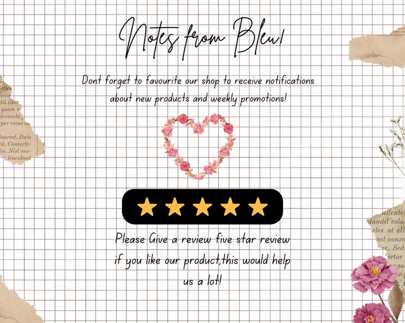 Op de afbeelding: Digitale afbeelding met een rasterachtergrond, met de tekst "Notes from Bleu!" en een hartvormig bloemenontwerp. Bevat ook een vijfsterrenbeoordelingsafbeelding en een verzoek om een beoordeling.