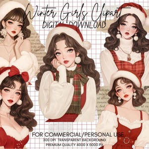 Pacchetto di clipart di ragazze invernali ad acquerello - Ragazze di Natale rosse, stagione invernale, maglione rosso, clipart di ragazze carine, diario spazzatura, uso commerciale