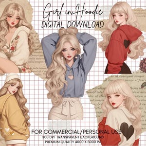 Bundle de cliparts fille à capuche - fille de planificateur, sweat à capuche, pull météo, clipart confortable, coeurs Png, journalisation, autocollants numériques, usage commercial