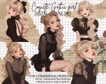 Coquette Gothic Girl Clipart Bundle: Black Fashion, Floral PNG (Digital Download