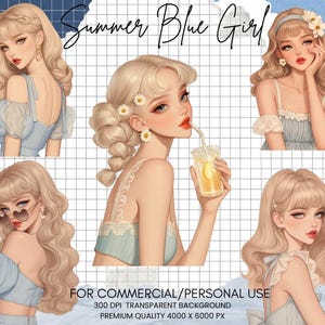 Blue Summer Girls Clipart Bundle: Feminine Scrapbooking PNG (Digital Download