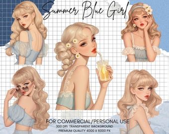 Blue Summer Girls Clipart Bundle: Feminine Scrapbooking PNG (Digital Download