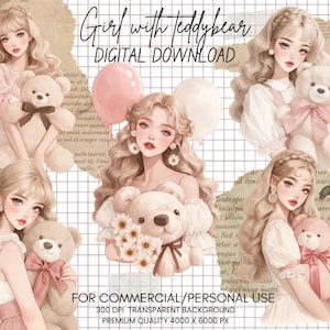 Teddy Bear Girl Clipart Bundle -  Teddy Bear Watercolor Clipart,Fashion Girl Digital Sticker,That Girl Planner Sticker,Scrapbooking