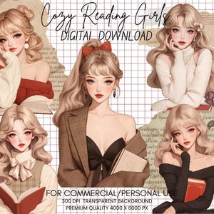 Paquete de imágenes prediseñadas de chicas leyendo: Chica de otoño, clipart de otoño, chicas con suéter, chicas de moda a cuadros, pegatinas PNG de amantes de los libros, álbum de recortes