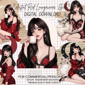 Celestial Girl in Red Loungewear clipartbundel, gezellige bedtijd, maan en sterren, meisje clipart, dagboek, kaarten maken, scrapbooking, commercieel gebruik