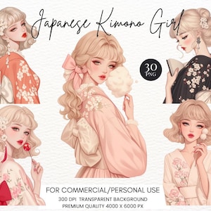 Japanese Kimono Girl Clipart Bundle: Fashion Girl Clipart,Transparent PNG Images (Digital Download),Kimono Girl,Japan,Traditional Clothing,