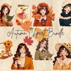Pacote de clipart de outono - Outono aconchegante, Garota da moda de outono, Clipart floral, Cottagecore PNG, Pacote de adesivos para diário de outono, Uso comercial