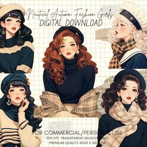 Pacote de clipart de meninas de moda náutica de outono - PNG de menina de outono, clipart de moda de menina de outono para diário de lixo, moda de outono, uso comercial