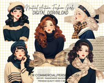 Nautical Autumn Fashion Girls Clipart Bundle: Commercial Use PNG