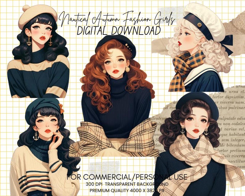 Nautical Autumn Fashion Girls Clipart Bundle - Autumn Girl PNG,Fall Girl Fashion Clipart for Junk Journal,Autumn Fashion,Commercial Use