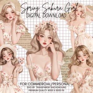 Frühling Sakura Mädchen Clipart Bundle - Frühling Mädchen, Frühling Clipart, Kirschblüte Blumen Mädchen Aquarell Clipart, Scrapbooking, Scrapbooking