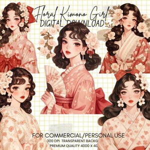 Paquete de imágenes prediseñadas de niña con kimono floral: imágenes prediseñadas de niña japonesa, kawaii, calcomanías digitales, flor de cerezo, matsuri, yukata, moda, diario PNG