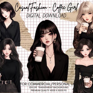 Bundle de clipart filles mode décontractée noir - clipart fille café, téléchargement numérique, usage commercial, journal, scrapbooking, illustration de mode