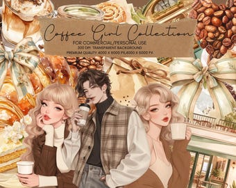 May include: Watercolor illustration featuring the "Coffee Girl Collection" with three figures, coffee, pastries, and the text "Coffee Girl Collection". The image has a transparent background and is suitable for commercial and personal use.