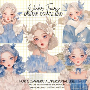 Pacote de clipart de fadas de inverno em aquarela - Elfos de inverno, Temporada de Natal, Moda de inverno, Download digital, Fundo transparente, Uso comercial