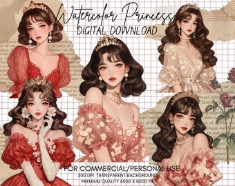 Watercolor Princess Clipart Bundle: Floral Fashion Girl PNG, Scrapbooking (Commercial Use)