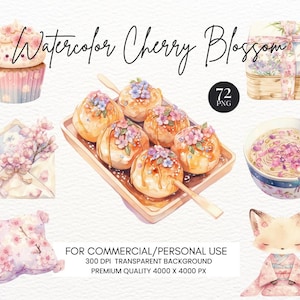 Watercolor Cherry Blossom Clipart Bundle-Sakura Tree Clip Art,Floral PNG,Spring Flowers,Cherry Blossoms Branches, Asian, Planner,Transparent