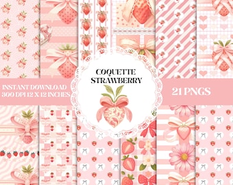 Strawberry Coquette Seamless Patterns: Pink PNG Paper Bundle (Digital Download)