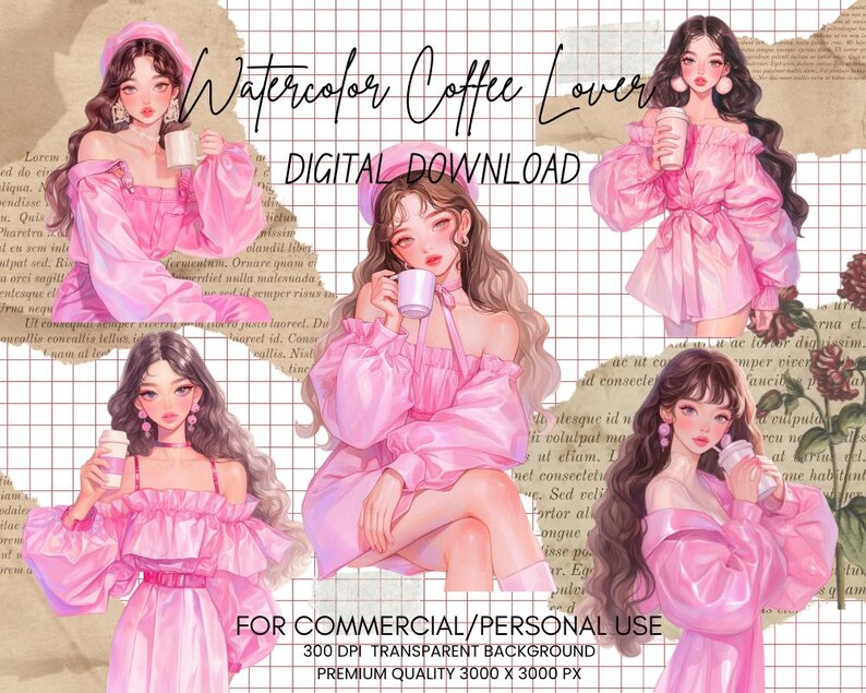Watercolor Coffee Lover in Pink Clipart Bundle, Fashion Girl Png, Drinking Coffee, Lady Boss Clip art, Journal, Scrapbooking, Commercial Use