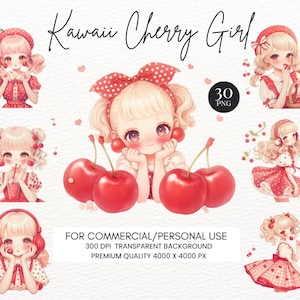 May include: Digital artwork showing multiple illustrations of a Kawaii Cherry Girl. The images depict a young girl with blonde hair, red accents, and cherries. The text includes "Kawaii Cherry Girl" and details about the image quality and usage.