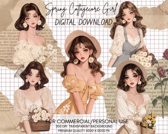 Paquete de imágenes prediseñadas de chica estilo cottagecore en acuarela: Moda de primavera, diario basura (descarga digital)