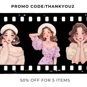 Op de afbeelding: Illustratie van drie stijlvolle vrouwen in een filmstripontwerp. De vrouwen zijn afgebeeld met zachte kenmerken en dragen modieuze kleding. De afbeelding bevat de tekst "PROMO CODE:THANKYOU2" en "50% OFF FOR 5 ITEMS".