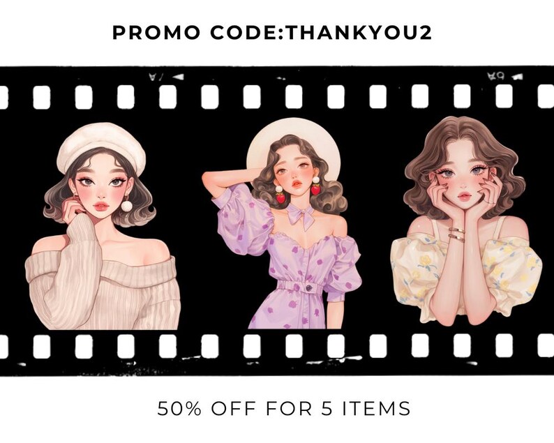 Op de afbeelding: Illustratie van drie stijlvolle vrouwen in een filmstripontwerp. De vrouwen zijn afgebeeld met zachte kenmerken en dragen modieuze kleding. De afbeelding bevat de tekst "PROMO CODE:THANKYOU2" en "50% OFF FOR 5 ITEMS".