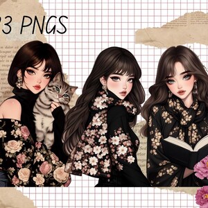 May include: Three digital illustrations of women with long dark hair wearing floral patterned clothing. The women are depicted with different expressions and poses. One woman is holding a cat, another is holding a book, and the third is holding a flower.
