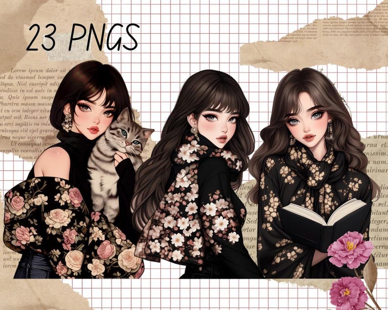 May include: Three digital illustrations of women with long dark hair wearing floral patterned clothing. The women are depicted with different expressions and poses. One woman is holding a cat, another is holding a book, and the third is holding a flower.