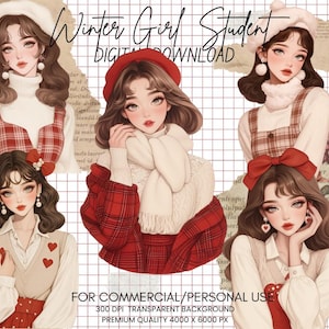 Pacote de clipart de meninas de inverno em aquarela - Clima de suéter, PNG de meninas, Temporada de inverno, Suéter vermelho, Clipart de moda de inverno aconchegante para diário de lixo