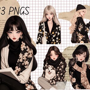 May include: Four digital illustrations of women with long black hair wearing black and white floral patterned clothing. The women are wearing sweaters, scarves, and jackets. One woman is holding a book, another is holding a small dog, and another is holding a phone. The illustrations are set against a background of a grid pattern and old paper.