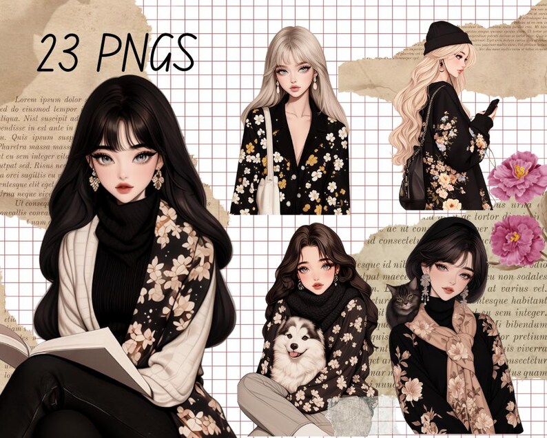 May include: Four digital illustrations of women with long black hair wearing black and white floral patterned clothing. The women are wearing sweaters, scarves, and jackets. One woman is holding a book, another is holding a small dog, and another is holding a phone. The illustrations are set against a background of a grid pattern and old paper.