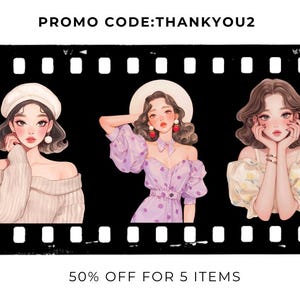 May include: Three illustrations of women with different hairstyles and outfits. The woman on the left is wearing a white sweater and a white hat. The woman in the middle is wearing a purple dress with white polka dots and a white hat. The woman on the right is wearing a yellow floral dress. The text "PROMO CODE: THANKYOU2" is at the top of the image. The text "50% OFF FOR 5 ITEMS" is at the bottom of the image.