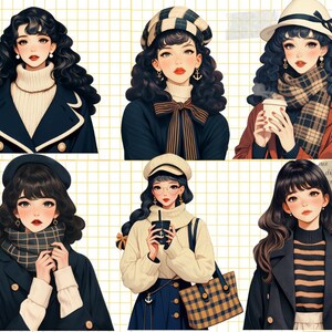 Pu&ograve; includere: Cinque illustrazioni di donne con i capelli scuri che indossano abiti e accessori diversi. Le donne indossano cappelli, sciarpe e cappotti. Le illustrazioni sono in stile cartone animato.