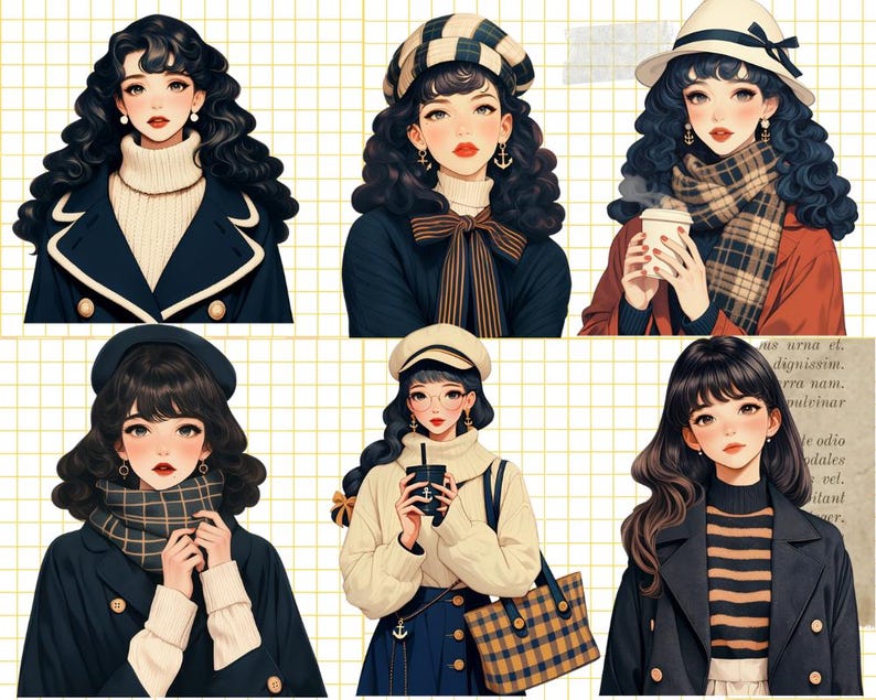 Pu&ograve; includere: Cinque illustrazioni di donne con i capelli scuri che indossano abiti e accessori diversi. Le donne indossano cappelli, sciarpe e cappotti. Le illustrazioni sono in stile cartone animato.