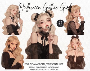 Paquete de imágenes prediseñadas de chica gótica de Halloween: arte digital para scrapbooking