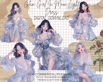 Glamour Girl Clipart Bundle: AI Fashion Illustrations (Digital Download, Commercial Use)