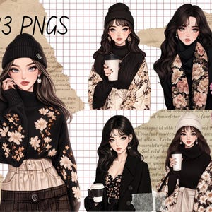 May include: A digital collage featuring illustrations of four women wearing different winter outfits. Each woman is holding a cup of coffee. The background is a grid pattern with brown paper textures.