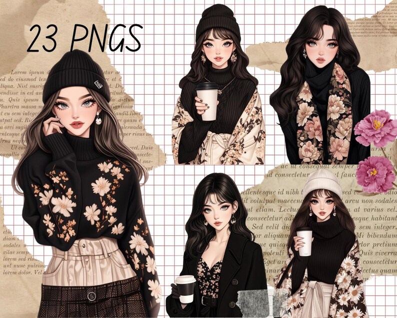 May include: A digital collage featuring illustrations of four women wearing different winter outfits. Each woman is holding a cup of coffee. The background is a grid pattern with brown paper textures.